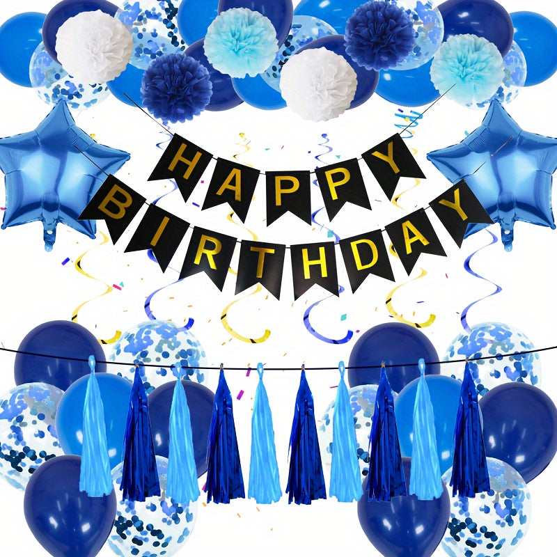 51pcs Birthday Party Decor Set with Banners, Swirls, Pom Poms, Tassels, Balloons