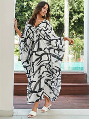 Graffiti Print Batwing Sleeve Maxi Beach Kaftan Dress