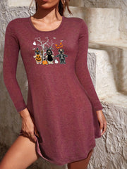 Cartoon Print NightDress Halloween Crew Neck Long Sleeve Pajama Dress Women's