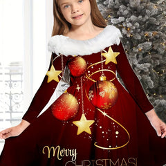 Girls MERRY CHRISTMAS Print Crew Neck Long Sleeve Dress For Christmas Gift