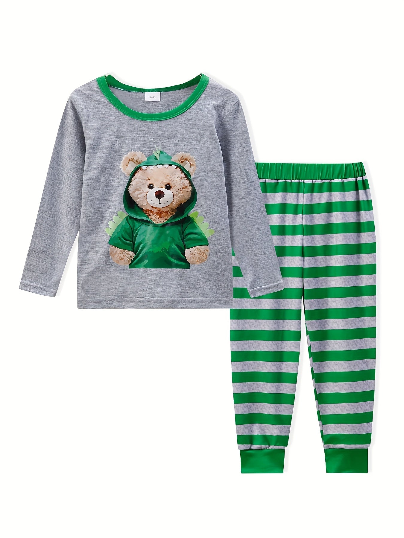 2pcs Toddler Pajama Set Long Sleeve Top & Stripe Pants Boy's Loungewear