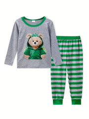 2pcs Toddler Pajama Set Long Sleeve Top & Stripe Pants Boy's Loungewear