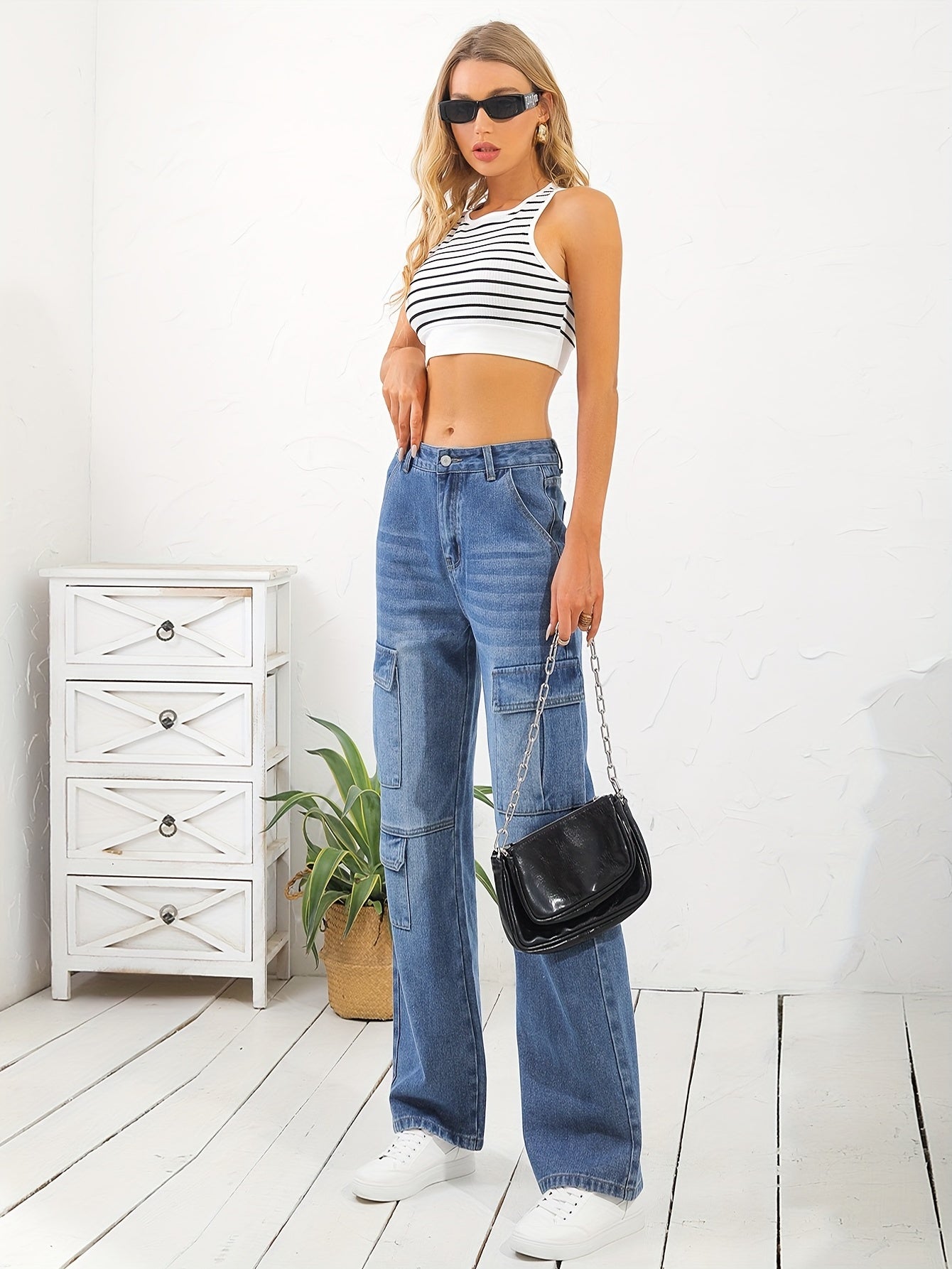 Cargo Pocket Whiskering Denim Pants Loose Straight Leg Jeans