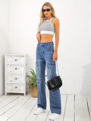 Cargo Pocket Whiskering Denim Pants Loose Straight Leg Jeans