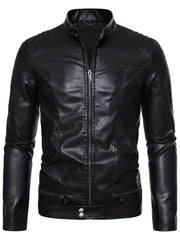 Men's PU Zip Up Stand Collar Faux Leather Jacket