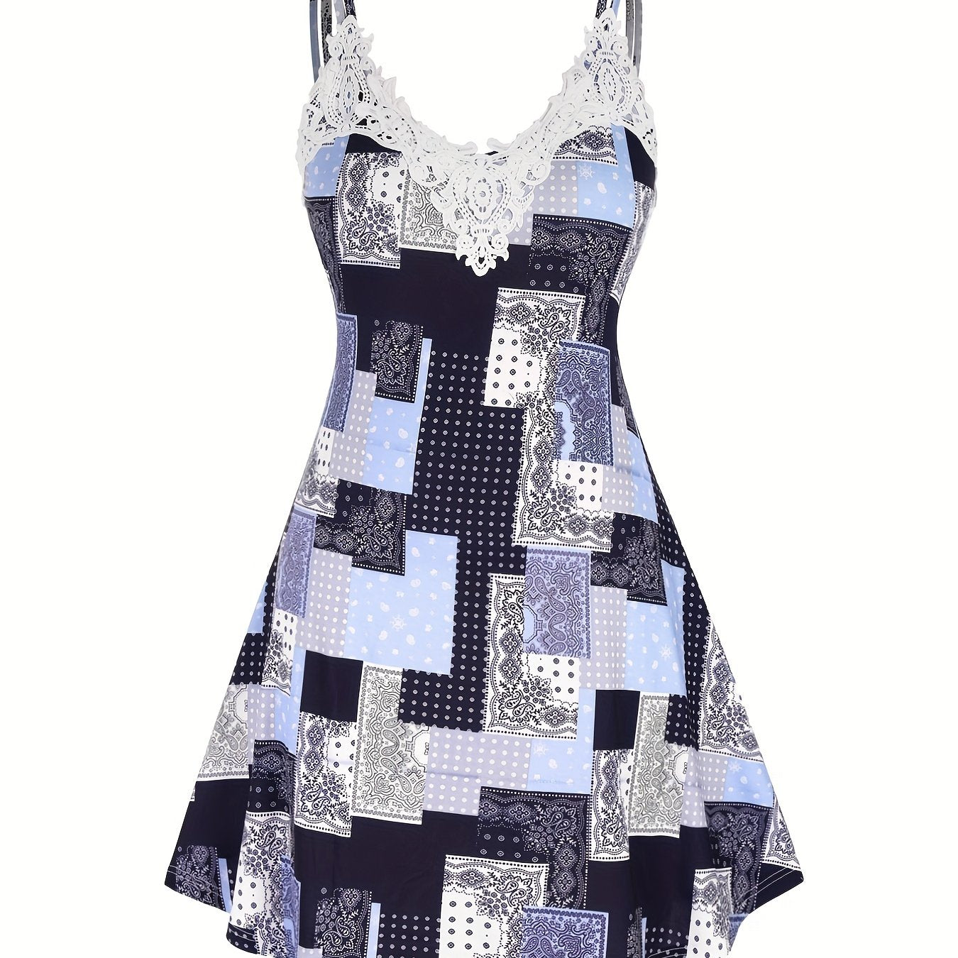 Retro Dress Patchwork Print Lace Trim A-line Cami Dress