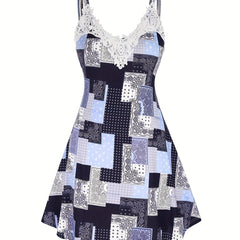 Retro Dress Patchwork Print Lace Trim A-line Cami Dress
