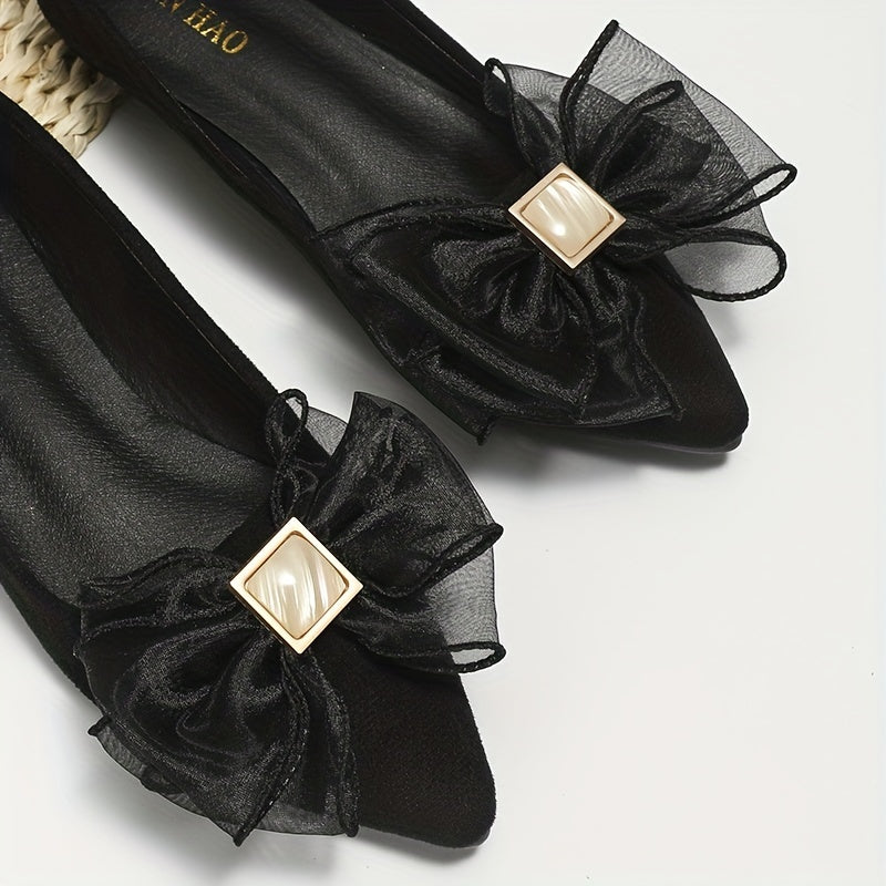 Women's Lace Bow Ballet Flats Pointed Toe Slip On Shoes
