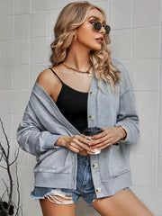 Solid Long Sleeve Button Up Stretch Cardigan With Pockets