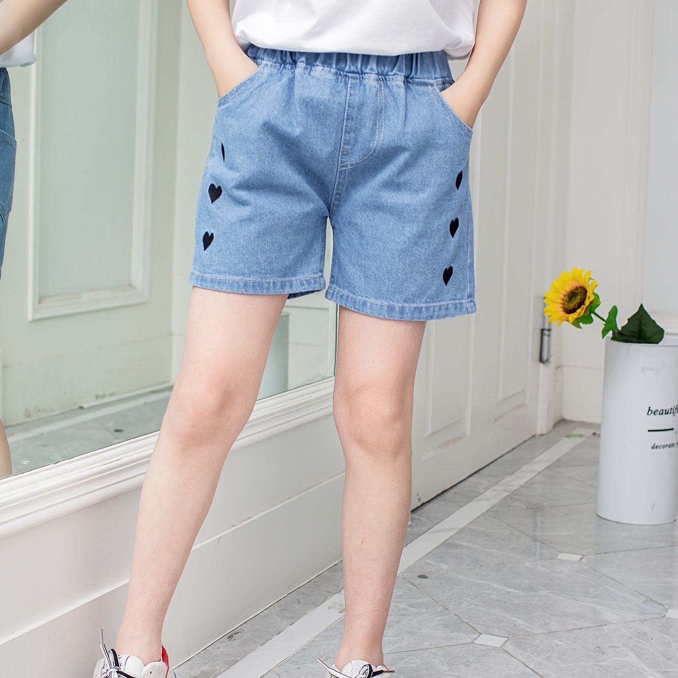 Girls Heart Embroidered Denim Shorts Set for Summer