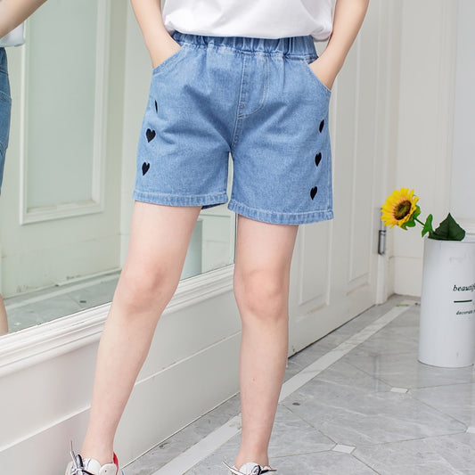 Girls Heart Embroidered Denim Shorts Set for Summer