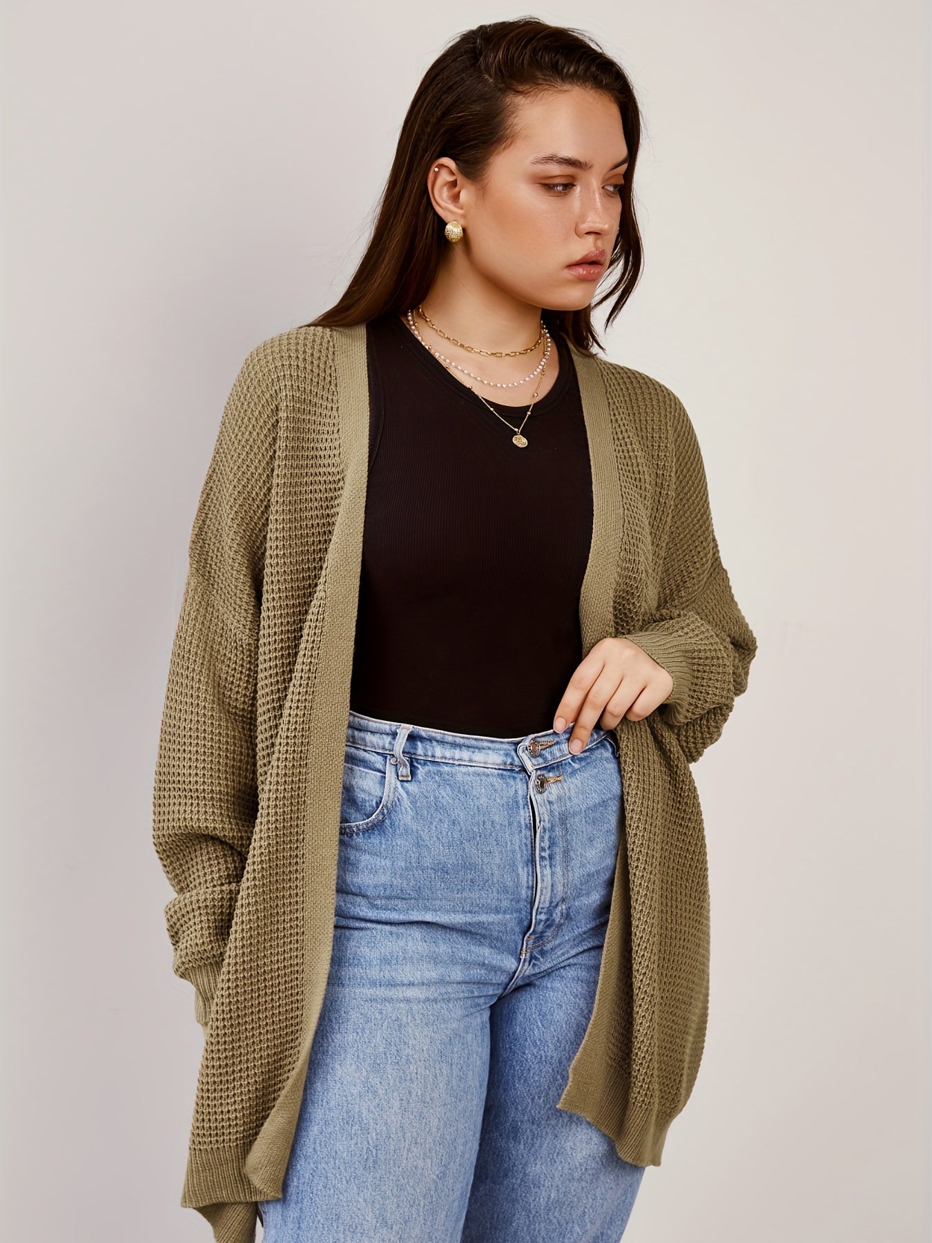 Casual Cardigan Women's Plus Plain Waffle Pattern Long Sleeve