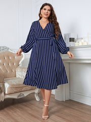 Deep V Neck Striped Midi Wrap Dress with Belt Women's Plus Size
