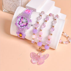 3pcs Butterfly Watch Set for Girls Pink Glow in Dark Quartz Wristwatch Necklace