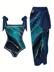 Marble Print Tie Shoulder 2 Piece Set Swimsuit High Cut One Piece Bathing suit