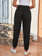Elastic Waist Tapered Pants Button Pocket Casual