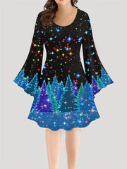 Christmas Casual Dress Women's Plus Tree Print Long Sleeve Dress