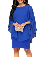 Solid Round Neck 3 4 Sleeve Cape Midi Dress Women's Plus