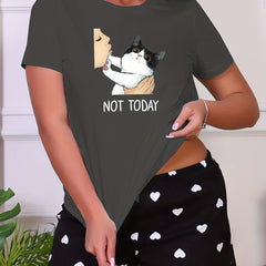 Cat Print Sleep Top Short Sleeve Crew Neck Pajama Shirt