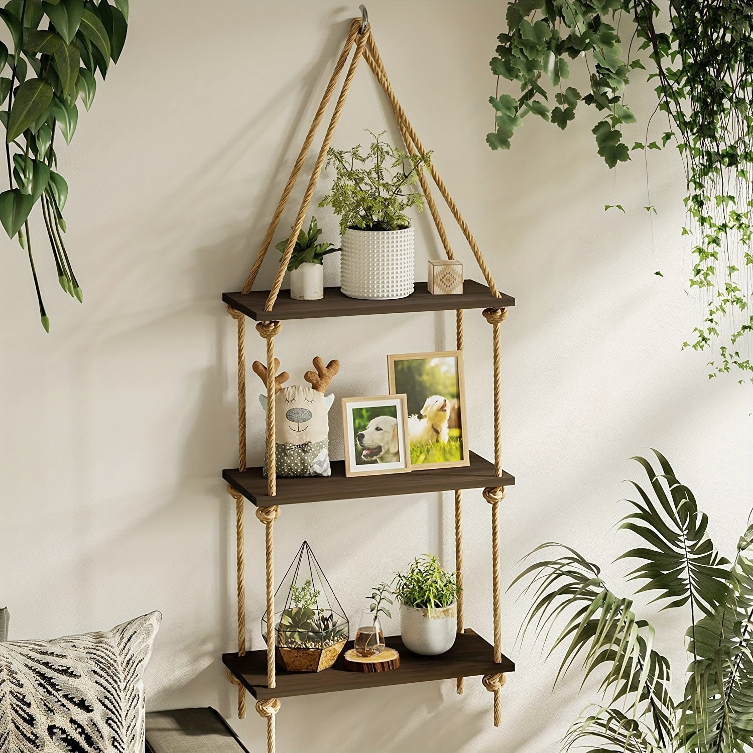 3 Tier Hanging Wall Shelves Swing Rope Floating Shelf