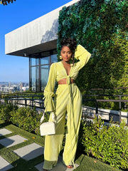 Sexy Long Sleeve Crop Top & Wide Leg Pants Set