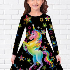 Girls 3D Rainbow Unicorn & Star Print Dress For Party Kids Gift