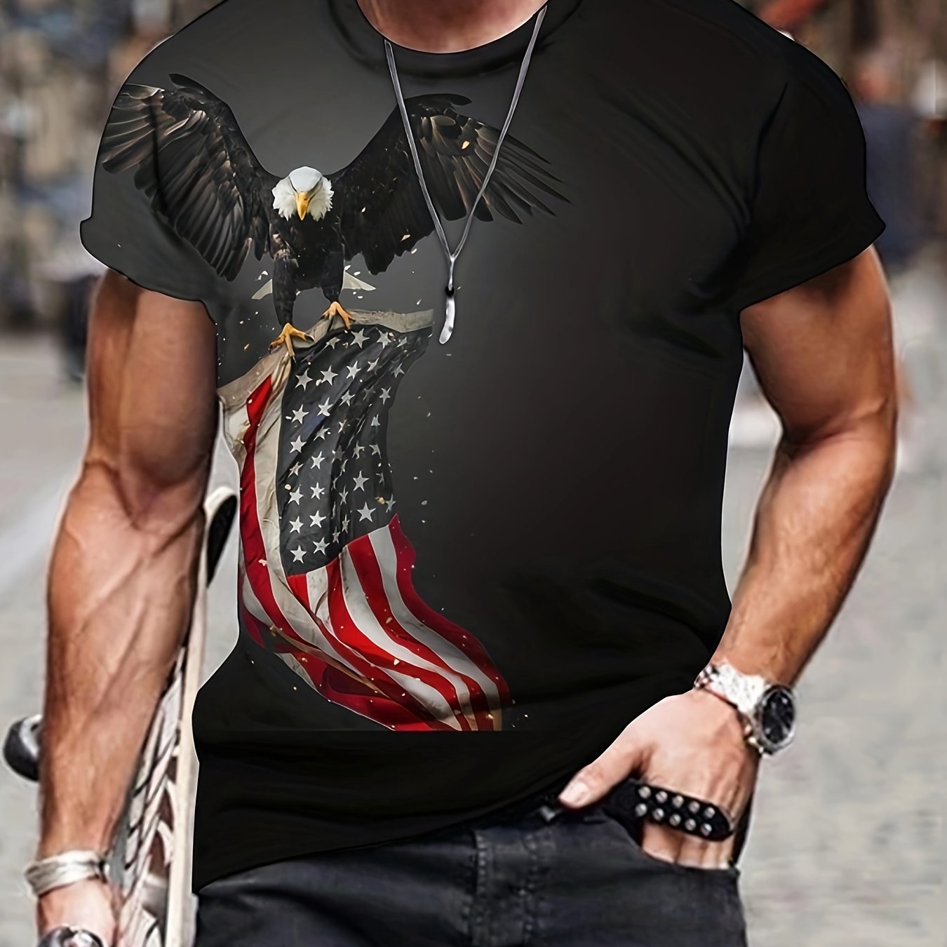 Men's 3D American Flag Eagle T shirt Active Top for Outdoor