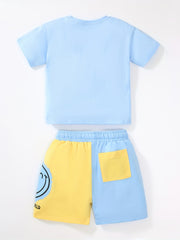 2pcs Boys Summer Outfits Sets Short Sleeve Happy Graphic Print T Shirt Tops