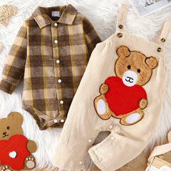 Baby Boys Plaid Romper & Bear Overall Pants Set