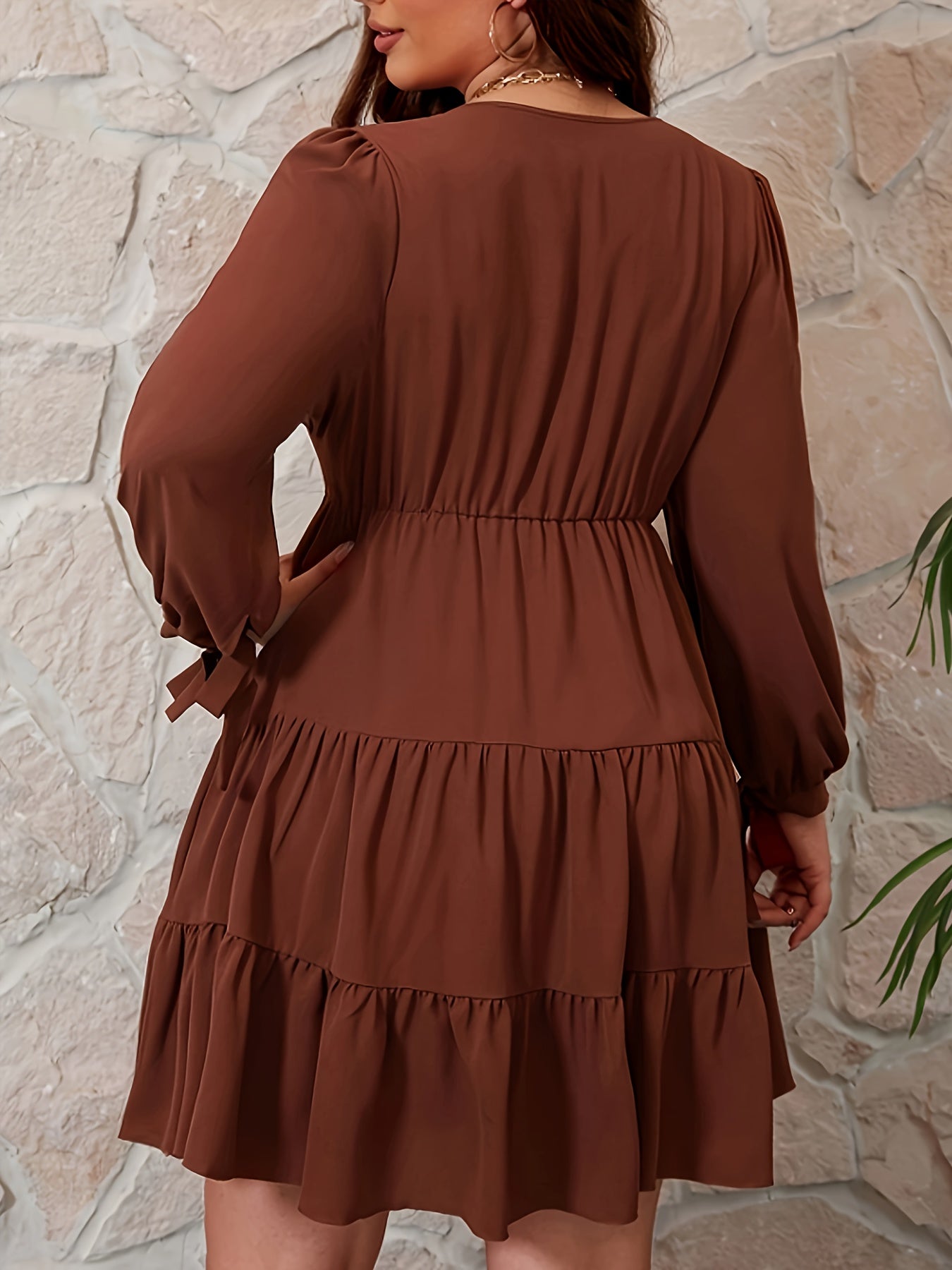 Solid Tie Long Sleeve Ruffle Trim Smock Dress