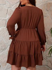 Solid Tie Long Sleeve Ruffle Trim Smock Dress