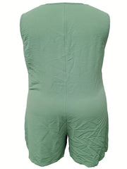 Casual Romper Women's Plus Plain V Neck Button Up Slight Stretch Rompe