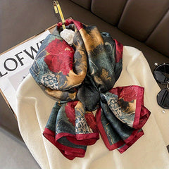 Vintage Red Flower Print Scarf Dark Tie Dye Satin Shawl