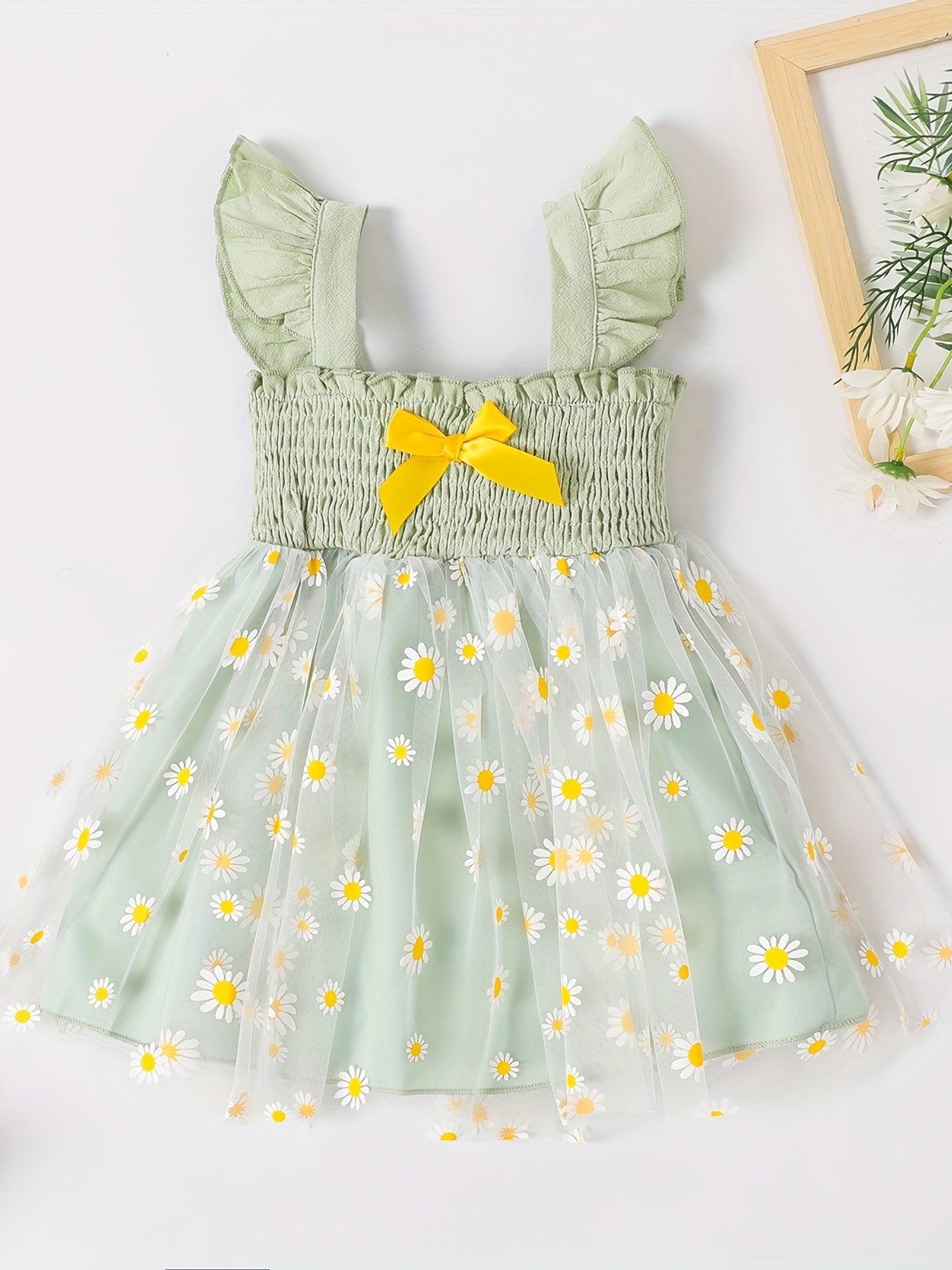 Girl's Chrysanthemum Graphic Gauze Dress With Suspenders Tunic Puffy Dress