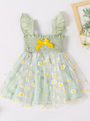 Girl's Chrysanthemum Graphic Gauze Dress With Suspenders Tunic Puffy Dress