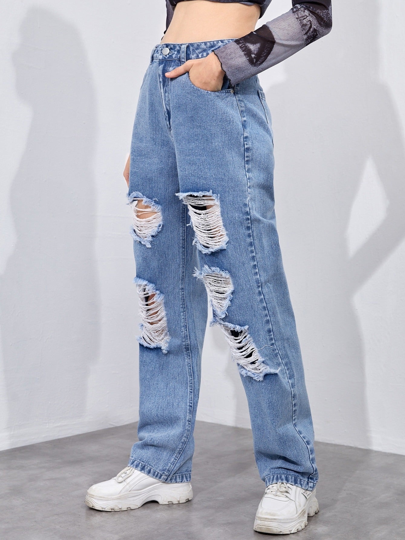 Distressed High Waist Wide Leg Jeans