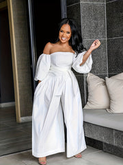 Off Shoulder Solid Jumpsuit Puff Sleeve Wide Leg Women's Clothing