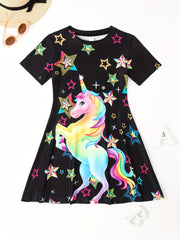 Girls 3D Unicorn Crew Neck Dress Girls Comfy Dresses