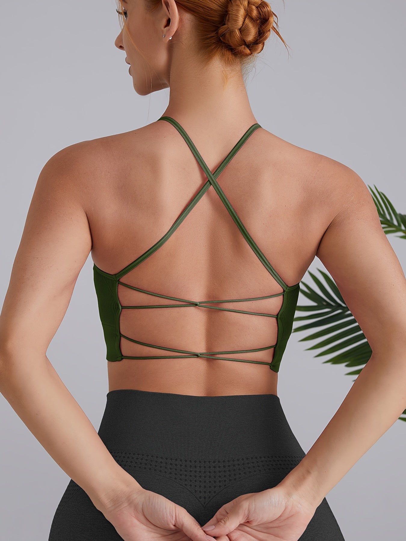 Solid Ribbed Cami Sports Bra High Stretch Yoga Bra With Chest Pad