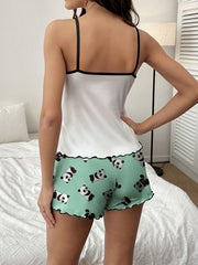 Panda Print Pajama Set Crew Neck Cami & Shorts