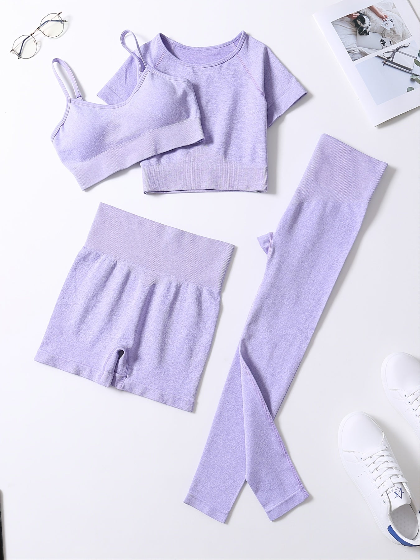 4Pcs Yoga Set High Stretch Crew Neck Crop Bra Tee Short Pants Sports Suit