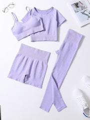 4Pcs Yoga Set High Stretch Crew Neck Crop Bra Tee Short Pants Sports Suit
