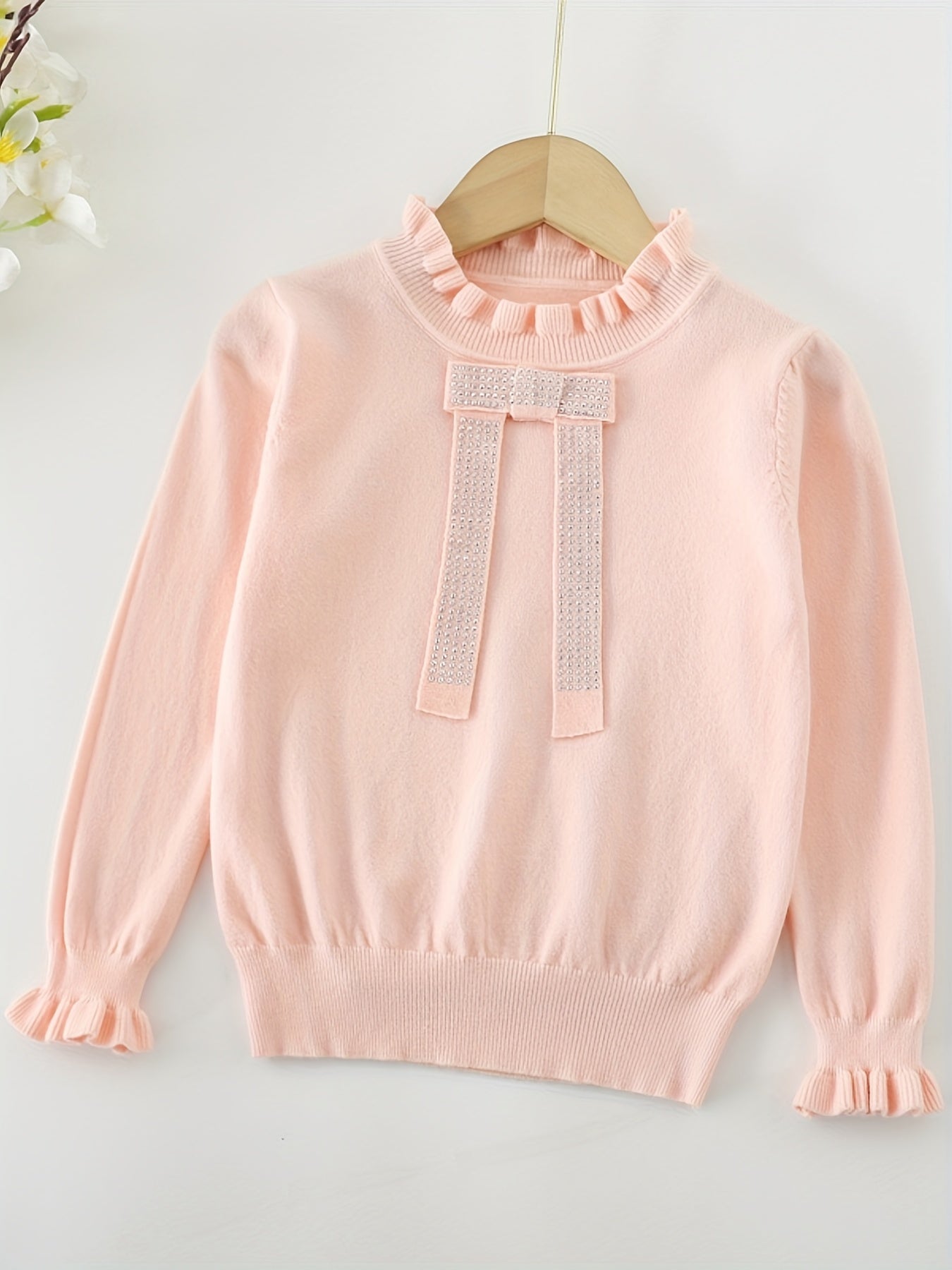 Girls Bow Front Flounce Cuffs Long Sleeve Sweater Top