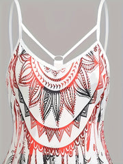 Feather Print Backless Dress Boho Spaghetti Strap Dress Women's Clothing