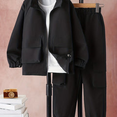 Boy's 2pcs Zip Up Jacket & Cargo Pants Set Solid Long Sleeve Top