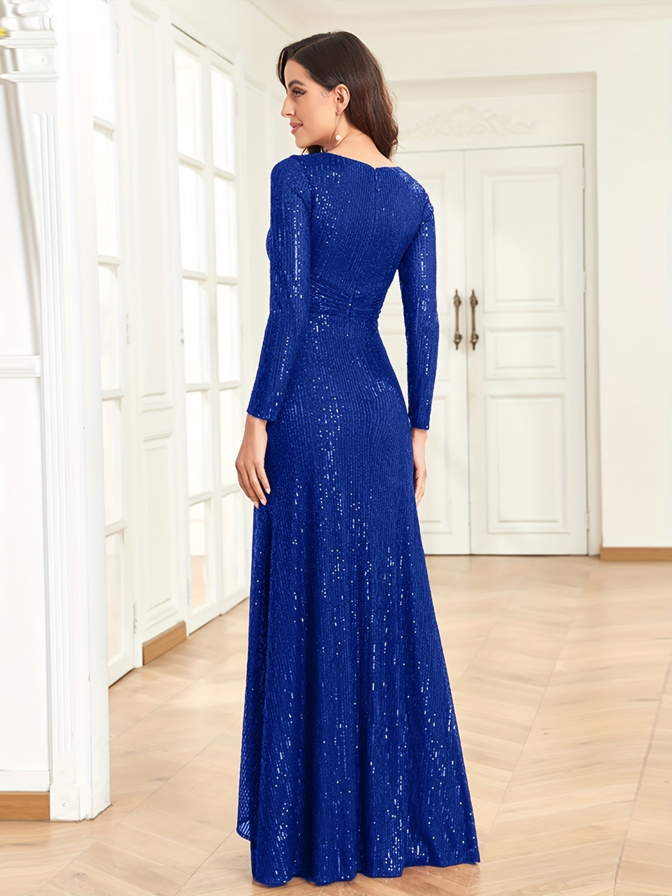 Sequined Twist Front Dress Long Sleeve V Neck Dress