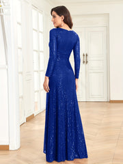 Sequined Twist Front Dress Long Sleeve V Neck Dress