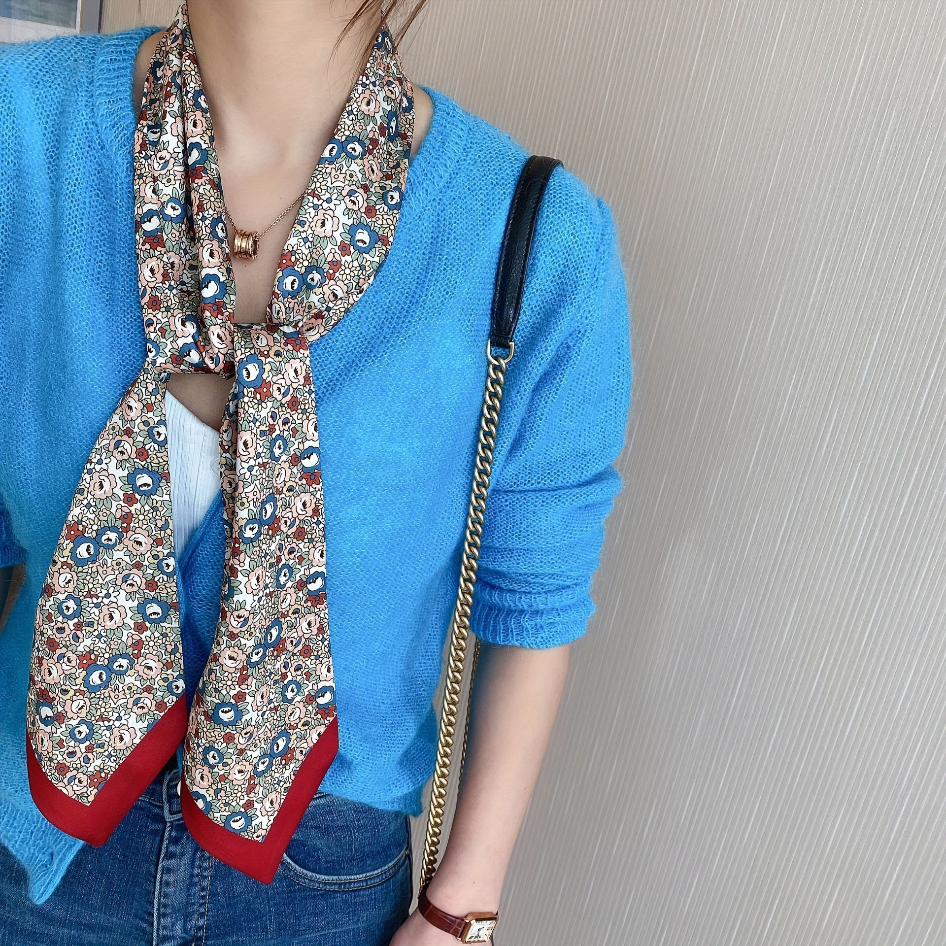 Red Floral Print Skinny Scarf Silk Hair Ribbon Neckerchief Twilly