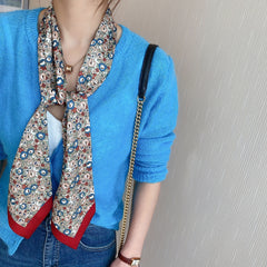 Red Floral Print Skinny Scarf Silk Hair Ribbon Neckerchief Twilly
