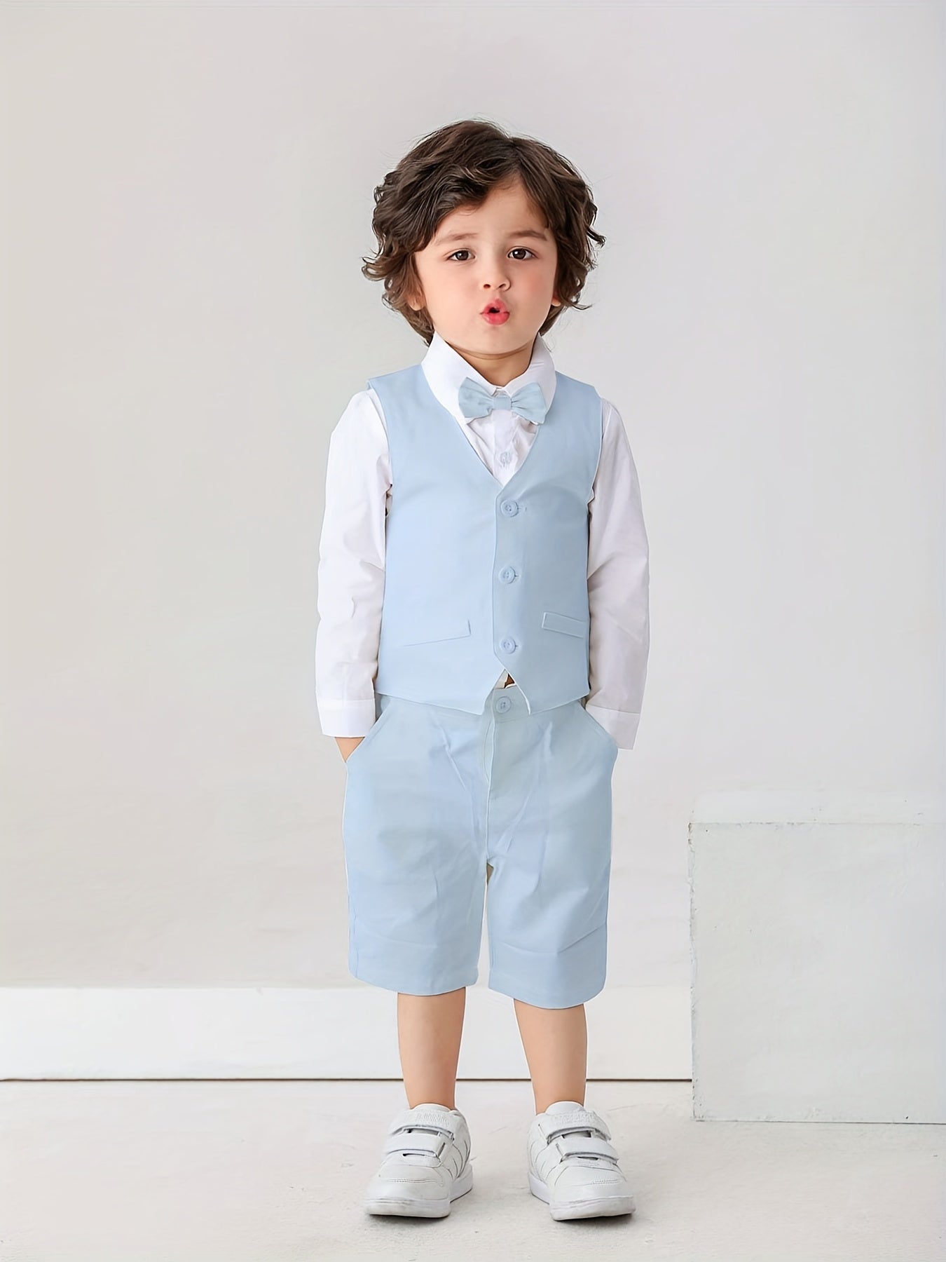 Baby Toddler Gentleman Suits Dress Shirt with Bow and Vest and Shorts